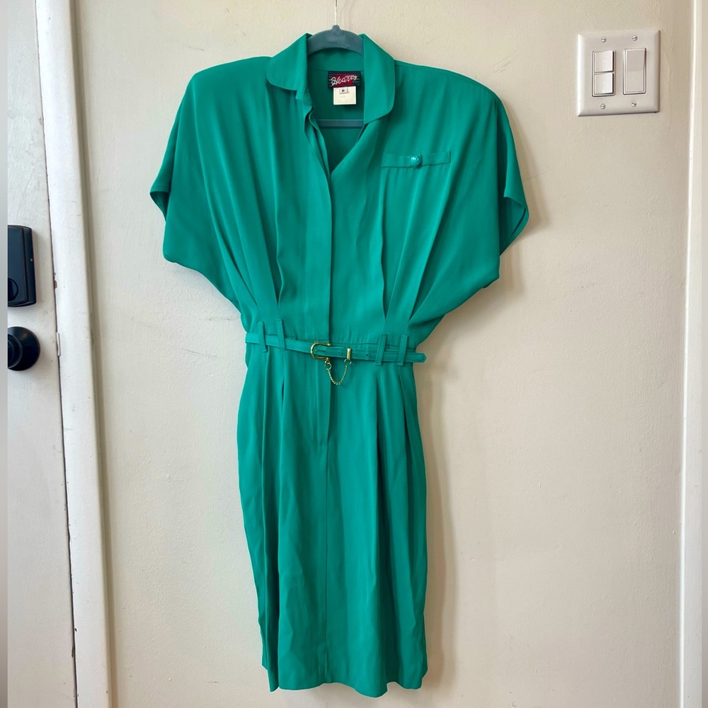 Vintage 80s dress with shoulder pads and tight waist